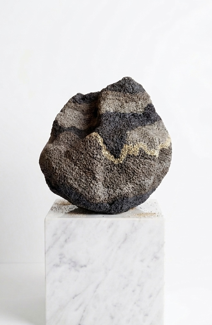 Nefes I — porous, perforated ceramic form on a marble plinth